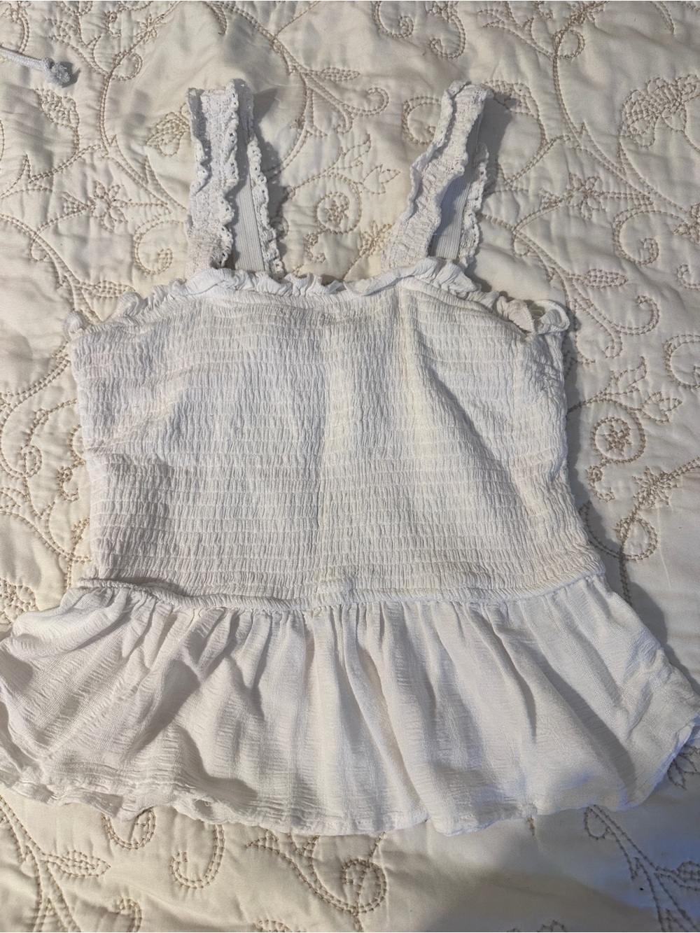 Joie White Smocked Ruffle Camisole with Lace Straps